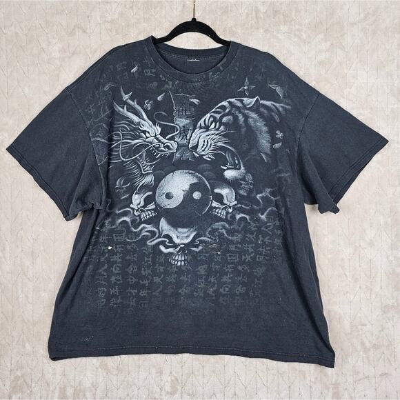 Vintage Y2K Graphic Shiry Mens XL Asian Yin Yang Skull Streetwear Grunge Dragon - Picture 1 of 5
